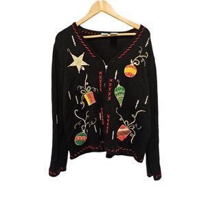 HOLIDAY EDITION Cardigan Full Zip‎ Christmas Sweater Black Ornaments LARGE